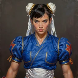 ultra realistic janice litman - goralnik as chun li from street fighter, portrait painting by frank frazetta, 4 k, ultra realistic, highly detailed,