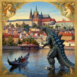 a view from the river of godzilla attacking a city resembling prague, paris, and venice at dusk, intricate, elegant, highly detailed, digital painting, artstation, concept art, smooth, sharp focus, colored illustration for tattoo, art by krenz cushart and artem demura and alphonse mucha,