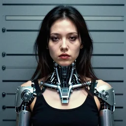 grainy photo of an ugly woman, wearing bionic implants, cyborg!!!! criminal!!!!, (((((high tech, cyberpunk))))), mugshot!!!!