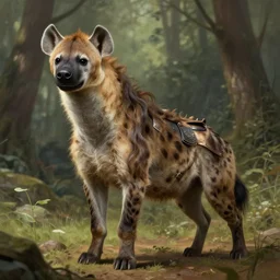 photo of a humanoid hyena were a heroic dress an armour in the forest, long hair, highly detailed, digital painting, artstation, smooth, sharp focus, illustration, art by artgerm and greg rutkowski and alphonse mucha