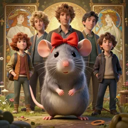 highly detailed vfx portrait of a cute little rat with a bow, unreal engine, greg rutkowski, loish, rhads, beeple, makoto shinkai and lois van baarle, ilya kuvshinov, rossdraws, tom bagshaw, alphonse mucha, global illumination, detailed and intricate environment