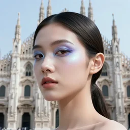 portrait of a beautiful young goddess'face merging with a cathedral building, strong cyberpunk face make - up, etheric, emotionally evoking symbolic metaphors, head in focus, ornamental, intricate, elegant, golden ratio, sharp focus, illustration, art by ernst haeckel, h. r. giger, john william godward, gustav klimt,
