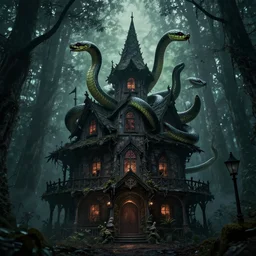 the scariest witches house with giant snakes on the roof, in the scariest dark forest, epic scene, dark, scary, horror, frightening, fantasy, cinematic, redshift render, cgi, hyper - detailed, photo - bash, 8 k post - production, masterpiece, in the style of greg rutkowski