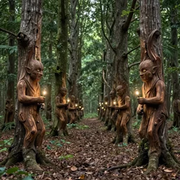 wood spirits in the trees with will o the wisp, photorealistic, by greg rutkowski, wlop, 4 k resolution h 7 6 8
