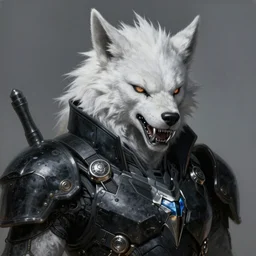 portrait painting of cyberpunk werewolf warrior with white fur and silver fangs wearing black power armor, sharp focus, award - winning, trending on artstation, masterpiece, highly detailed, intricate. art by josan gonzales and moebius and deathburger