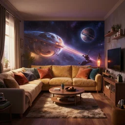 photographic view inside a small comfortable apartment on the star wars planet coruscant, beautiful matte painting, unreal engine 5, 8 k, trending on artstation, greg rutkowski, dramatic lighting, photo real, plush colors