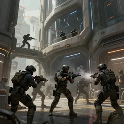 futuristic swat team raiding a building, concept art, digital painting, trending on artstation, deviantart, epic composition, extremely detailed, ambient lighting, masterpiece, sharp focus, octane render
