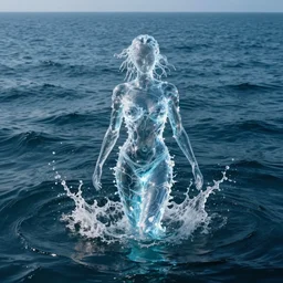 water art in the shape of a womens body, on the ocean water, water art, futuristic, glowing, hyper realistic, ray tracing, realistic water splashes, sharp focus, long shot, 8 k resolution, cinematic