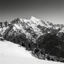 award winning landscape photography of mont blanc by ansel adams, wide angle, high contrast, black and white, beautiful light, fine detail