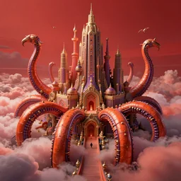 surreal ornate sky city of atlantis on giant orange and purple cyborg tentacles coming out of puffy clouds matte painting concept art alex grey kay sage sorayama cinematic soft red lighting high angle hd 8k sharp shallow depth of field
