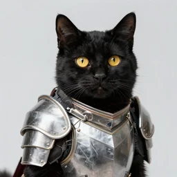 a black cat with yellow eyes wearing a suit of armor