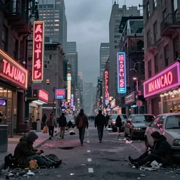 desolate iridescent american city with neon signs & homeless people in caravaggio style hd 8k