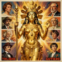portrait of a Chibcha gold goddess by Kowalski and Heckel and Ríos and Rutkowski and Mucha and Brom and Miller and Botero and Dalí and El Greco and Kalho and Miyazaki and Gutierre, Soviet propaganda poster