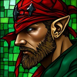 beautiful and detailed portrait of a iorveth, profile view, side view, scoia'tael leader, red cap, red bandana covering one eye, scarred eye, elf ear, shaven, stained glass art, by alphonse mucha, green mosaic background, very masterful