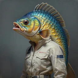 epic professional digital art of female human - fish hybrid animal wearing air force jumpsuit, humanoid scaly fish head, fish mouth, painting, by leesha hannigan, iris van herpen, artstation, cgsociety, wlop, epic, much wow, much detail, gorgeous, detailed, cinematic, masterpiece