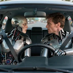 a stunning ultra detailed fine art photo of two cyborg driver and passenger arguing in a car, by tom bagshaw, artgerm and natalie shau, artstation, 8 k, deep depth of field, highly coherent, front view of the car, steering wheel