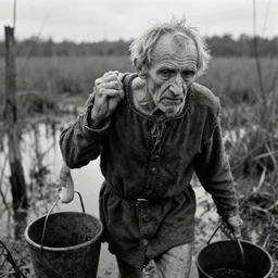 close - up portrait of one tired skinny old male in medieval clothes carrying a bucket walking in a swamp mud, cinestill 8 0 0 t 3 5 mm b & w, heavy grain, high quality, noir, natural textures, photorealistic, ambient occlusion, hd, ultra wide lens, anamorphic, detailed face