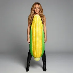 full body photo of jennifer lopez, she is wearing a funny kid's hallowen costume of corn on a cob, studio lighting