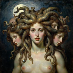 Oil painting of medusa gorgo with many heads inside her hair, dramatic moonlight lighting, in the style of Ivan Kramskoi, masterpiece, 4k