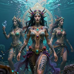 a centered full body render of goddess festival hippies with tribal tattoos surrounded by a underwater ink pour and flowing liquid galium and sacred geometry, perfect face, powerful, cinematic, beautifully lit, by artgerm, by karol bak, by donato giancola, 3 d, trending on artstation, octane render, 8 k