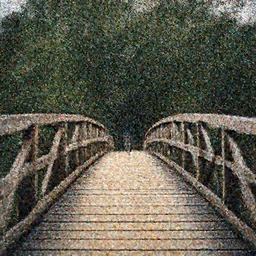 walking on an old curved wood bridge viewed from a deep perspective, trees in the background, art by James Jean and Wayne Barlowe, high detail, cinematic, cgsociety 8k