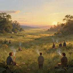 symmetry!! smoking a joint in a surreal landscape of a dream, lucid dream, people, very detailed, serene, peaceful, golden hour, perfect lighting, perfect composition, digital art, illustration, frederic edwin church, tom white, 4 k
