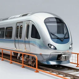 futuristic train, porcelain, aluminium ( desgined by apple ), silver, blue soft details, soft!!, ( ( standing close to an orange metal fence ) ), studio photo, octane render, studio lights, 8 0 mm lens