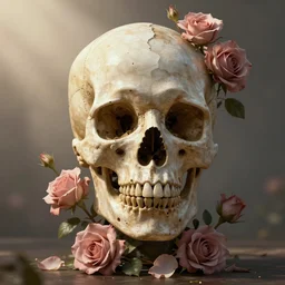 skull bust, technology vs nature, split in half, falling out of the face, roccoco roses, beautiful natural soft light, unreal engine, octane render, photorealistic by michael komarck, greg rutkowski, victo ngai, artgerm, willem claesz heda and j. dickenson