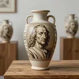beautiful studio photograph of a ceramics display with albrecht durer self portrait painted onto a tall stoneware vase on a wooden table, hyperrealism 8 k trending on artstation