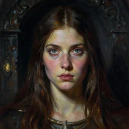 a highly detailed painting of a barbarian queen with piercing beautiful eyes, dimly lit dark tomb by clyde caldwell