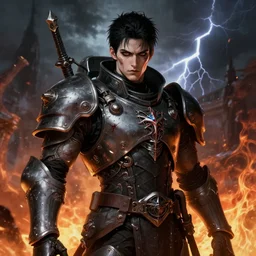 portrait of beautiful gothic and futuristic young man, warhammer, cyber armor, a lot of more and more scars, thunderstorm and fire, black head, the middle ages, highly detailed, artstation, illustration, more and more composision, 8 k quality, art by jean delville, alfred kubin