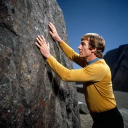 william shatner awkwardly pressed against a rock, trying to make passionate love to the mountain, photo from the set of star trek 1970