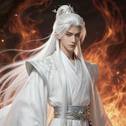 Wuxia Fire Cultivator, white hair, gorgeous, amazing, elegant, intricate, highly detailed, digital painting, artstation, concept art, sharp focus, illustration, art by Ross tran and kuvshinov, photography portrait by Paolo Roversi