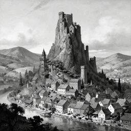 looming towering crooked ancient town, artstation, by frank frazetta, by peter bruegel the elder, by takato yamamoto, rolling hills, river, townscape, black and white