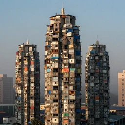 high towers, made up of makeshift squatter shacks with faded colours, plain uniform sky at the back, uneven fog, mamiya, fully frontal view, ultra sharp, very detailed, photographed by julie blackmon