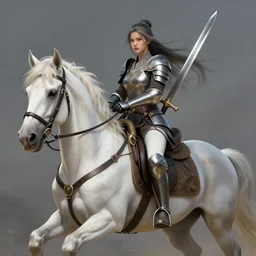 epic girl warrior on a white horse and a sword at her back, fantasy, artwork, detailed, 8 k