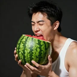 A man tries to swallow a large watermelon whole,