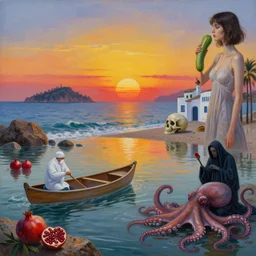 painting of sunrise, a flooded spanish art gallery in marbella beach, death, a tall emo girl, holding a courgette, skull, rocks by the sea, island, surgeon, pomegranates, canoe, floodwaters, the grim reaper, octopus, sensual, north africa, puddles of red, zen, surrealist, by magritte and monet