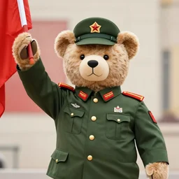 a portrait of a socialist comrade bear in a military uniform waving a red flag