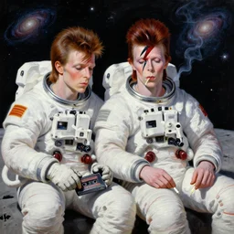 close up portrait of david bowie and astronaut major tom sit on the dark side of the moon, listen to pink floyd on an old cassette recorder and smoke a joint, enjoying the contemplation of deep space with millions of galaxies : baroque oil painting anime key visual