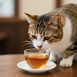 a cat drinking tea in a cafe