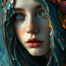 close - up portrait of beautiful girl by irakli nadar with intricate detailed color smashing fluid oilpaint, color leaves, melting wax, broken mirror, fluid acrilic, abstract impressionism, ruan jia, scifi, fantasy, hyper detailed, octane render, concept art, by peter mohrbacher and gustav klimt,