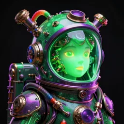 awardwinning portrait photo of a steampunk avatar, wearing a glowing green and purple metallic steampunk astronaut helmet with multicolored tubes and shiny metallic devices, 3 d render, crisp, 8 k, fluorescent colors, insanely integrate, nikon photography