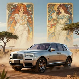 a concept suv designed by rolls royce driving through madagascar, artgerm and alphonse mucha, an epic fantasy, volumetric light, detailed, establishing shot, an epic fantasy, trending on art station, octane render, midsommar