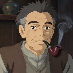 portrait of an old man smoking a pipe, subsurface scattering, volumetric lighting, highly detailed, studio ghibli