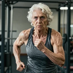 an old woman with a body like a body builder and white body hair urging you onward