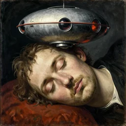 dream bot mothership above the giant forehead of a sleeping man. painting by bosch, beksinski, alfred kubin, max ernst