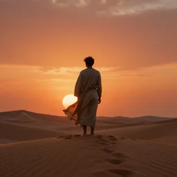 a man on a sand dune, silhouetted against the horizon, desert landscape, simple robe blowing in the wind, sun setting, orange and red sky, detailed, futuristic, volumetric light, intricate, detailed, photorealistic imagery, artstation