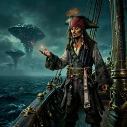 a pirate standing on his ship watching alien ships over the sea, beautiful dramatic moody lighting, cinematic atmosphere, high detail, 8k, ornate, dark fantasy, masterpiece, complex, film still from the movie directed by Denis Villeneuve with art direction by Gregory Crewdson, Joel Sternfeld