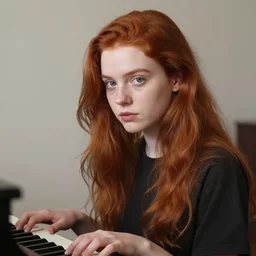 realistic detailed face portrait of Elesky, a young redhaired woman playing the piano, by Amano, Charlie Bowater, Karol Bak, Greg Hildebrandt, Jean Delville, and Mark Brooks, Art Nouveau, Neo-Gothic, gothic, rich deep moody colors The seeds for each individual image are: [2494430636, 1032106751, 2063300223, 3127318783, 2806927615, 1614572159, 3237315913, 4237549348, 2995599206]